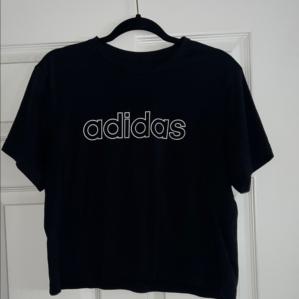 Adidas Black Tee with White Outline Logo Cropped